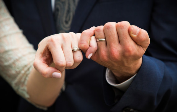 Wedding rings on bride and groom hands