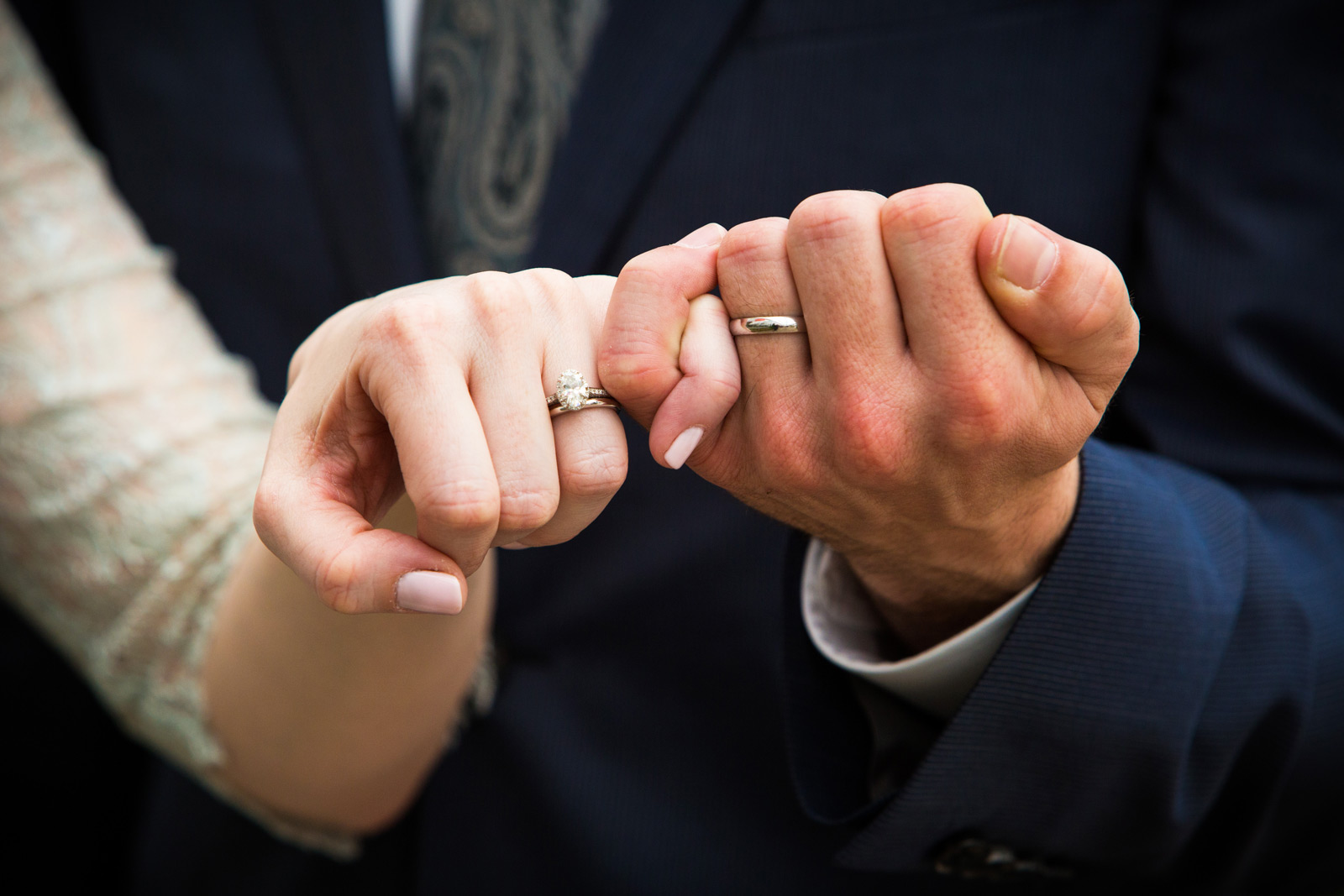 Wedding rings on bride and groom hands