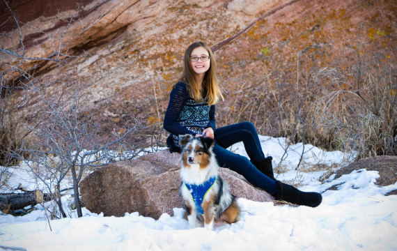 Aria with Rocko posing at Red Rocks