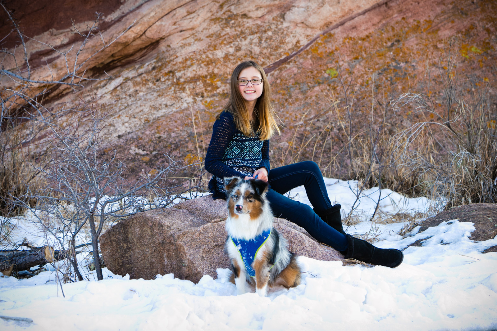 Aria with Rocko posing at Red Rocks